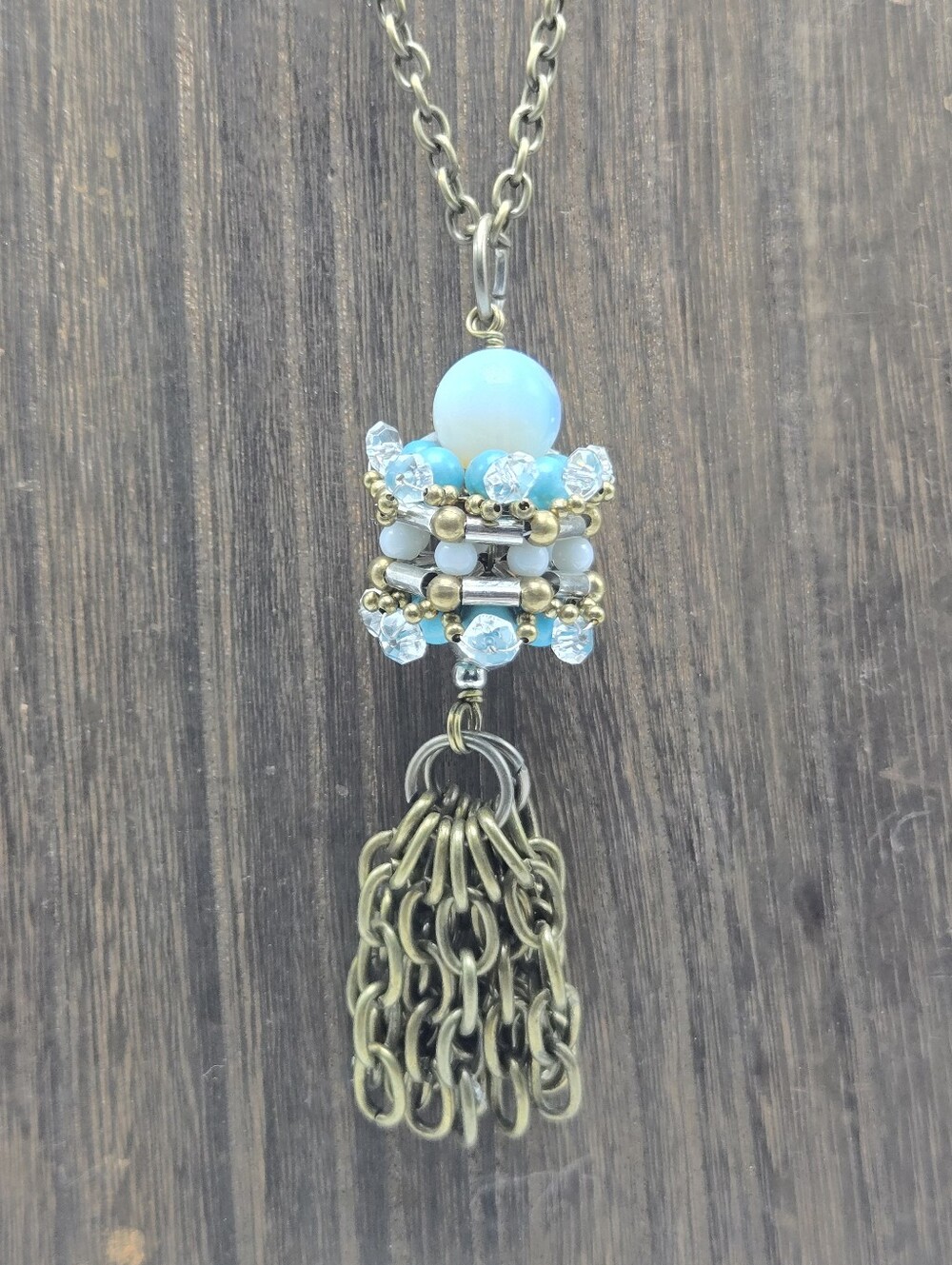 Anthropology Pam Hiran Necklace Brass Beaded Turquoise Opalescent Pendant